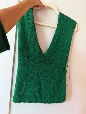 MASSIMO DUTTI Green Knit V-Neck Top